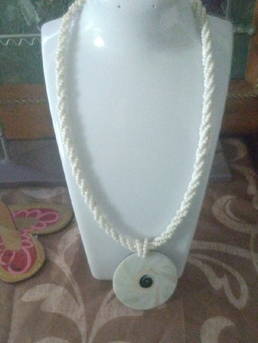 Women’s Cream Beaded Pendant Necklace - Shell Disc Pendant